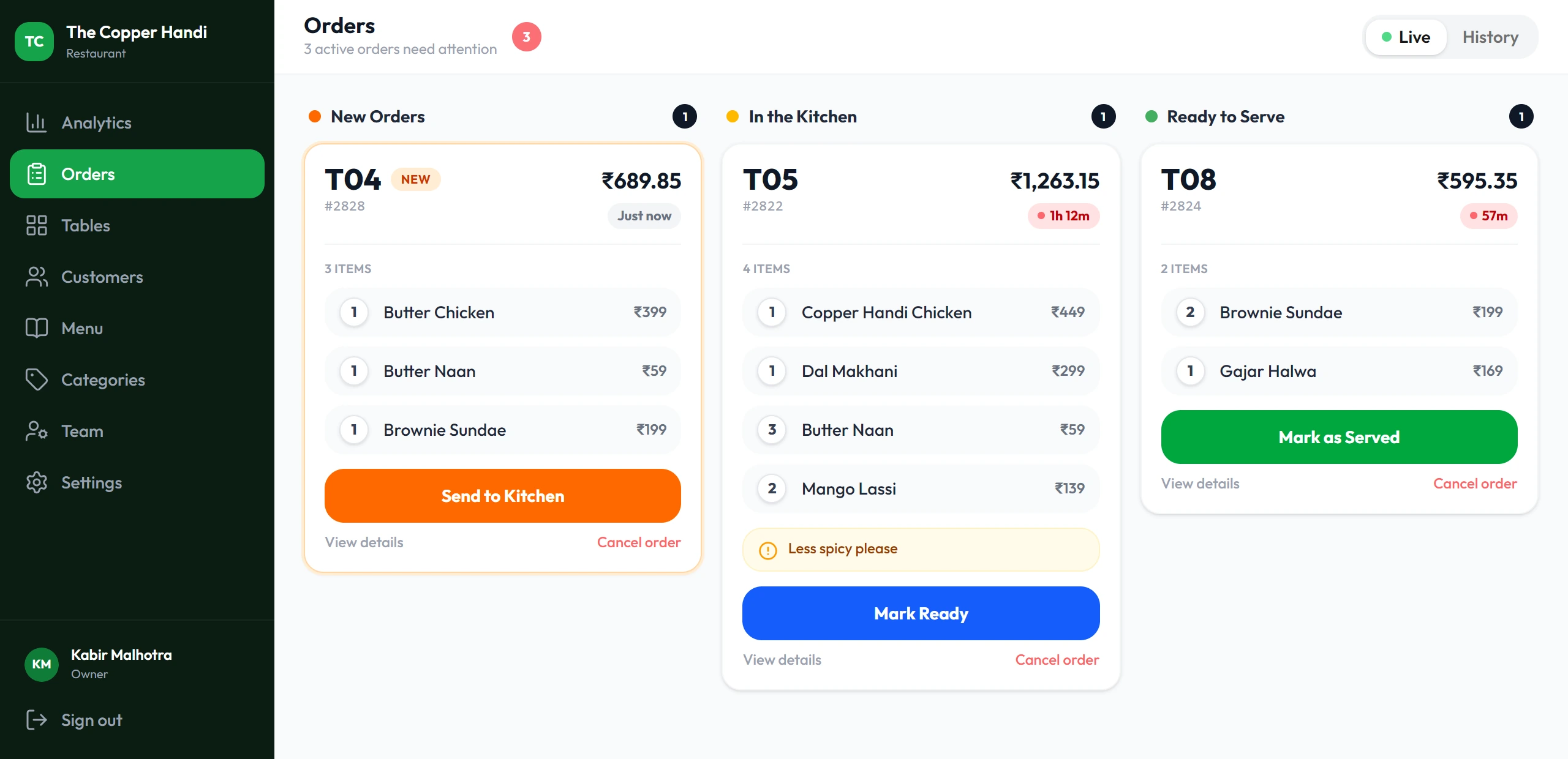 Restaurant dashboard: live orders board with New Orders, In the Kitchen and Ready to Serve columns
